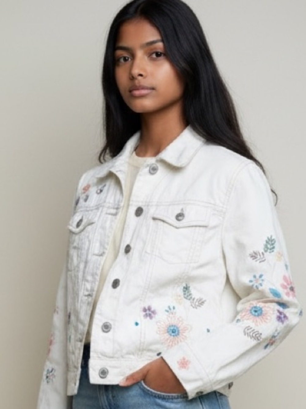 Girls GAP White Floral Embroidered Denim Jacket - Cottagecore Boho Chic size 12